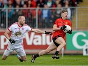 18 May 2014; Jerome Johnston, Down, in action against Danny McBride, Tyrone. Ulster GAA Football Senior Championship Preliminary Round, Tyrone v Down, Healy Park, Omagh, Co. Tyrone. Picture credit: Oliver McVeigh / SPORTSFILE