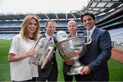 19 May 2014; In attendance at the announcement of SKY SPORTS on-screen line-up for its GAA coverage are Presenters Rachel Wyse and Brian Carney, with Hurling analyst Jamesie O’Connor and Football analyst Peter Canavan. Along with commentator Dave McIntyre, hurling analyst Nicky English and football analyst Paul Earley, they collectively boast over four decades of television experience. Sky Sports coverage will include 20 games each season beginning with Kilkenny v Offaly in the All Ireland Leinster Hurling Championship on 7th June. For the first time, GAA will be available across all Sky Sports platforms including TV, online and mobile with Sky Go, Sky Sports News and skysports.com. Croke Park, Dublin. Picture credit: Brendan Moran / SPORTSFILE