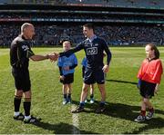 27 April 2014; The Dublin captain Stephen Cluxton greets referee Cormac Reilly before the game. Allianz Football League Division 1 Final, Dublin v Derry, Croke Park, Dublin.  Picture credit: Ray McManus / SPORTSFILE