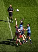 27 April 2014; Michael Darragh Maculey, Dublin, contests the throw-in with team-mate Cian O'Sullivan, against Patsy Bradley, extreme left, and Fergal Doherty, Derry. Allianz Football League Division 1 Final, Dublin v Derry, Croke Park, Dublin. Picture credit: Ray McManus / SPORTSFILE