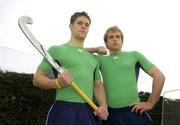 28 March 2006; Irish hockey Internationals Mark Leghorne and Tim Cockram show off their new strip at the launch of the teams World Cup Qualifying campaigns which get underway in the coming weeks. The Men’s qualifier starts on April 12th in Changzhou, China, and the Women’s begins in Rome on April 25th. UCD, Belfield, Dublin. Picture credit; Pat Murphy / SPORTSFILE