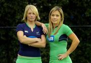 28 March 2006; Irish hockey Internationals Nikki Symmons, right, and Jenny McDonagh show off their new strip at the launch of the teams World Cup Qualifying campaigns which get underway in the coming weeks. The Men’s qualifier starts on April 12th in Changzhou, China, and the Women’s begins in Rome on April 25th. UCD, Belfield, Dublin. Picture credit; Pat Murphy / SPORTSFILE