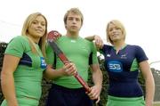 28 March 2006; Irish hockey Internationals Jenny McDonagh, left, and Nikki Symmons, right, with Tim Cockram show off their new strip at the launch of the teams World Cup Qualifying campaigns which get underway in the coming weeks. The Men’s qualifier starts on April 12th in Changzhou, China, and the Women’s begins in Rome on April 25th. UCD, Belfield, Dublin. Picture credit; Pat Murphy / SPORTSFILE