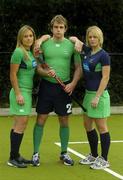 28 March 2006; Irish hockey Internationals Jenny McDonagh, left, and Nikki Symmons, right, with Tim Cockram show off their new strip at the launch of the teams World Cup Qualifying campaigns which get underway in the coming weeks. The Men’s qualifier starts on April 12th in Changzhou, China, and the Women’s begins in Rome on April 25th. UCD, Belfield, Dublin. Picture credit; Pat Murphy / SPORTSFILE