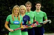 28 March 2006; Irish hockey Internationals, from left, Jenny McDonagh, Nikki Symmons, Tim Cockram, and Mark Leghorne show off their new strip at the launch of the teams World Cup Qualifying campaigns which get underway in the coming weeks. The Men’s qualifier starts on April 12th in Changzhou, China, and the Women’s begins in Rome on April 25th. UCD, Belfield, Dublin. Picture credit; Pat Murphy / SPORTSFILE
