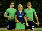 28 March 2006; Irish hockey Internationals Nikki Symmons, Mark Leghorne, left, and Tim Cockram, right, show off their new strip at the launch of the teams World Cup Qualifying campaigns which get underway in the coming weeks. The Men’s qualifier starts on April 12th in Changzhou, China, and the Women’s begins in Rome on April 25th. UCD, Belfield, Dublin. Picture credit; Pat Murphy / SPORTSFILE