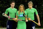 28 March 2006; Irish hockey Internationals Jenny McDonagh, Mark Leghorne, left, and Tim Cockram, right, show off their new strip at the launch of the teams World Cup Qualifying campaigns which get underway in the coming weeks. The Men’s qualifier starts on April 12th in Changzhou, China, and the Women’s begins in Rome on April 25th. UCD, Belfield, Dublin. Picture credit; Pat Murphy / SPORTSFILE