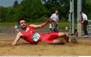 29 May 2016; Conall Mahon of Tír Chonaill AC during the Men's Triple Jump during the GloHealth National Championships AAI Games and Combined Events in Morton Stadium, Santry, Co. Dublin.  Photo by Piaras Ó Mídheach/Sportsfile