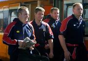31 March 2006; Munster players Christian Cullen, left, Ronan O'Gara, Denis Fogarty and Mick O'Driscoll, right, on their arrival at Heuston Station for their Heineken Cup Quarter-Final game against Perpignan. Heuston Station, Dublin. Picture credit: Ciara Lyster / SPORTSFILE