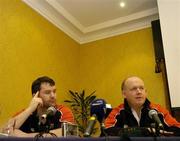 31 March 2006; Captain Anthony Foley, left, and head coach Declan Kidney at a Munster rugby press conference ahead of their Heineken Cup Quarter-Final game against Perpignan. Berkley Court Hotel, Dublin. Picture credit: Brendan Moran / SPORTSFILE