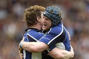1 April 2006; Brian O'Driscoll celebrates, with team-mate Jamie Heaslip, after scoring Leinster's first try. Heineken Cup 2005-2006, Quarter-Final, Toulouse v Leinster, Le Stadium, Toulouse, France. Picture credit: Matt Browne / SPORTSFILE