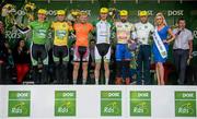 18 May 2014; On the podium after Stage 1 of the 2014 An Post Rás is, from left, Shane Archbold, An Post Chain Reaction, Robert Jon McCarthy, An Post Chain Reaction, Daniel Klemme, Synergy Baku Cycling, Fraser Duncan, Meath, Christopher Lawless, Great Britain National Team and Miss An Post Rás Ruth McCourt. Dunboyne - Roscommon. Picture credit: Ramsey Cardy / SPORTSFILE