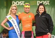 18 May 2014; Daniel Klemme, Synergy Baku Cycling, is presented with the stage jersey by Miss An Post Rás Ruth McCourt, left, and Carolyn Dowdall, Leaseplan, after Stage 1 of the 2014 An Post Rás. Dunboyne - Roscommon. Picture credit: Ramsey Cardy / SPORTSFILE
