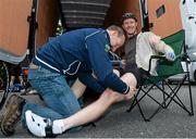 18 May 2014; Roger Aiken, Louth, receives a massage before Stage 1 of the 2014 An Post Rás. Dunboyne - Roscommon. Picture credit: Ramsey Cardy / SPORTSFILE
