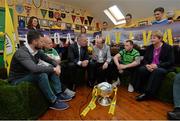 20 May 2014; A general view of a panel discussion including, from left to right, pundit Alan Cawley, St. Michael's AFC kitman Jimmy Tobin, former Republic of Ireland international Ray Houghton, MC Bernard O'Toole, St. Michael's AFC player Chris Higgins, and FAI Junior Council President Teresa McCabe during the FAI Junior Cup Aviva Communities Day ahead of Sunday's Final at the Aviva Stadium. St. Michael's AFC Clubhouse, Cooke Park, Tipperary Town. Picture credit: Diarmuid Greene / SPORTSFILE