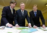 29 March 2006; Minister for Arts, Sport and Tourism, John O'Donoghue, T.D., with Republic of Ireland manager Steve Staunton, right, and FAI Chief Executive John Delaney pictured following their meeting to discuss the FAI's decision to relocate its headquarters to Abbottstown as part of Phase One of the Campus Stadium Ireland Development project. Kildare Street, Dublin. Picture credit: David Maher / SPORTSFILE