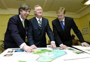 29 March 2006; Minister for Arts, Sport and Tourism, John O'Donoghue, T.D., centre, with Republic of Ireland manager Steve Staunton, right, and FAI Chief Executive John Delaney pictured following their meeting to discuss the FAI's decision to relocate its headquarters to Abbottstown as part of Phase One of the Campus Stadium Ireland Development project. Kildare Street, Dublin. Picture credit: David Maher / SPORTSFILE