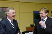 29 March 2006; Minister for Arts, Sport and Tourism, John O'Donoghue, T.D., left, with Republic of Ireland manager Steve Staunton, pictured following their meeting to discuss the FAI's decision to relocate its headquarters to Abbottstown as part of Phase One of the Campus Stadium Ireland Development project. Kildare Street, Dublin. Picture credit: David Maher / SPORTSFILE
