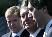 29 March 2006; Minister for Arts, Sport and Tourism, John O'Donoghue, T.D., centre, with Republic of Ireland manager Steve Staunton, left, and FAI Chief Executive John Delaney pictured following their meeting to discuss the FAI's decision to relocate its headquarters to Abbottstown as part of Phase One of the Campus Stadium Ireland Development project. Kildare Street, Dublin. Picture credit: David Maher / SPORTSFILE