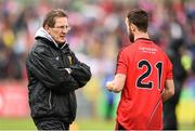 18 May 2014; Down coach Niall Moyna with Conor Laverty. Ulster GAA Football Senior Championship Preliminary Round, Tyrone v Down. Healy Park, Omagh, Co. Tyrone. Picture credit: Stephen McCarthy / SPORTSFILE