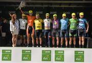 21 May 2014; On the podium after Stage 4 of the 2014 An Post Rás are, from left to right, Miss An Post Rás, Lauren O'Sullivan, Alex Peters, Marcin Bialoblocki, Patrick Bevin, Alessandro Pettiti, Damien Shaw, Owen Doull and Eoin McCarthy. Charleville - Cahirciveen. Picture credit: Ramsey Cardy / SPORTSFILE