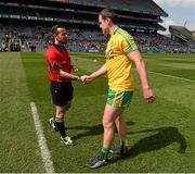 27 April 2014; Referee David Gough shakes hands with Donegal captain Michael Murphy before the game. Allianz Football League Division 2 Final, Donegal v Monaghan, Croke Park, Dublin. Picture credit: Ray McManus / SPORTSFILE