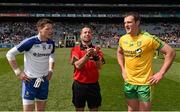 27 April 2014; Referee David Gough performs the coin toss between Monaghan captain Conor McManus, left, and Donegal captain Michael Murphy before the game. Allianz Football League Division 2 Final, Donegal v Monaghan, Croke Park, Dublin. Picture credit: Ray McManus / SPORTSFILE
