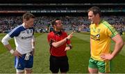 27 April 2014; Referee David Gough in conversation with Donegal captain Michael Murphy, right, and Monaghan captain Conor McManus, before the game. Allianz Football League Division 2 Final, Donegal v Monaghan, Croke Park, Dublin. Picture credit: Ray McManus / SPORTSFILE