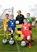 23 May 2014; Republic of Ireland International Stephanie Roche, with Aviva Health FAI Primary School 5’s Ambassadors from left, Sean Guiden, Rachel O’Leary, Sean Mulvey and Nikki Lynch, all from Malahide, Co.Dublin, were in Malahide today to announce the 20 schools who have qualified as finalists for the Aviva Health FAI Primary School 5’s.  The finalists will compete at the Aviva Stadium on the 28th May, with the winners being named All-Ireland Champions. Gannon Park, Malahide, Co. Dublin. Picture credit: David Maher / SPORTSFILE