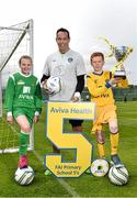 23 May 2014; Republic of Ireland goalkeeper David Forde with Aviva Health FAI Primary School 5’s Ambassadors Nikki Lynch and Sean Guiden, both from Malahide, Co.Dublin, were in Malahide today to announce the 20 schools who have qualified as finalists for the Aviva Health FAI Primary School 5’s.  The finalists will compete at the Aviva Stadium on the 28th May, with the winners being named All-Ireland Champions. Gannon Park, Malahide, Co. Dublin. Picture credit: David Maher / SPORTSFILE