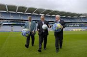 6 April 2006; GAA President elect Nickey Brennan, centre, with Gene Duffy, Chariman of the Oversees Committe, right, and John Gormley, President of the GAA in Britain, at the announcement by the GAA of details of an International Feile Peil to be held in Birmingham from April 21st to 23rd, 2006. The project is the latest in a number of initiatives being undertaken by the GAA's Overseas Committee in an attempt to develop Gaelic Games outside of Ireland. Croke Park, Dublin. Picture credit: Brian Lawless / SPORTSFILE