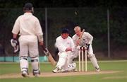 29 June 1999; Angus Dunlop of Ireland is stumped by wicketkeeper Colin Smith of Scotland which was subsequently judged to be a no ball during the Triple Crown Tournament match between Ireland and Scotland at Castle Avenue in Dublin. Photo by Damien Eagers/Sportsfile