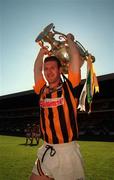 11 July 1999; Kilkenny captain Denis Byrne with the Bob O'Keeffe cup following the Leinster Senior Hurling Championship Final match between Kilkenny and Offaly at Croke Park in Dublin. Photo by Brendan Moran/Sportsfile