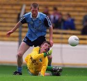 27 June 1999; Fergal Bracken of Offaly in action against Liam Óg Ó hÉineacháin of Dublin during the Leinster Minor Football Championship Semi-Final match between Dublin and Offaly at Croke Park in Dublin. Photo by Brendan Moran/Sportsfile