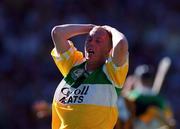11 July 1999; John Troy of Offaly reacts to a missed shot at goal during the Leinster Senior Hurling Championship Final match between Kilkenny and Offaly at Croke Park in Dublin. Photo by Brendan Moran/Sportsfile