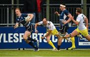 23 May 2014; Darragh Fanning, Leinster A, gets past David Doherty, Leeds Carnegie, to score a try. British & Irish Cup Final, Leinster A v Leeds Carnegie, Donnybrook Stadium, Donnybrook, Dublin. Picture credit: Piaras Ó Mídheach / SPORTSFILE
