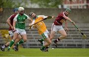 24 May 2014; Niall O'Brien, Westmeath, fouls James Barrett, London, for which he was shown a yellow card by referee Eamonn Hassan. GAA Leinster Senior Hurling Championship Qualifier Group, Round 5, Westmeath v London, Cusack Park, Mullingar, Co. Westmeath. Picture credit: Piaras Ó Mídheach / SPORTSFILE