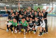 24 May 2014; The Eden Futsal team celebrate with the trophy after defeating FCG Dublin Futsal. FAI Futsal Cup Final, Eden Futsal v FCG Dublin Futsal, Athlone Institute of Technology Arena, Athlone, Co. Westmeath. Picture credit: Diarmuid Greene / SPORTSFILE
