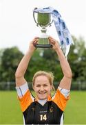 24 May 2014; Ulster captain Gemma Begley lifts the Mick Talbot Cup after the game. 2014 MMI Group Ladies Football Interprovincial Tournament Cup Final, Connacht v Ulster, Kinnegad, Co. Westmeath. Picture credit: Pat Murphy / SPORTSFILE