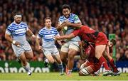 24 May 2014; Billy Vunipola, Saracens, is tackled by Jocelino Suta and Carl Hayman, right, Toulon. Heineken Cup Final, Toulon v Saracens. Millennium Stadium, Cardiff, Wales. Picture credit: Stephen McCarthy / SPORTSFILE