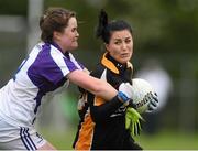 24 May 2014; Therese McNally, Ulster, in action against Nicola Ward, Connacht. 2014 MMI Group Ladies Football Interprovincial Tournament Cup Final, Connacht v Ulster, Kinnegad, Co. Westmeath. Picture credit: Pat Murphy / SPORTSFILE
