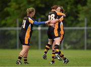 24 May 2014; Ulster players, from left, Ellen McCarron, Caoimhe Morgan and Caroline O'Hanlon celebrate after the game. 2014 MMI Group Ladies Football Interprovincial Tournament Cup Final, Connacht v Ulster, Kinnegad, Co. Westmeath. Picture credit: Pat Murphy / SPORTSFILE