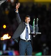 24 May 2014; Captain of the 1996 Heineken Cup Toulouse winning team Emile Ntamack carries the original trophy during the pre-match presentations. Heineken Cup Final, Toulon v Saracens. Millennium Stadium, Cardiff, Wales. Picture credit: Stephen McCarthy / SPORTSFILE