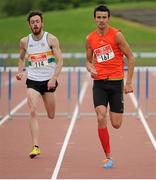 25 May 2014; Timmy Crowe, 167, Dooneen A.C., Co. Limerick, on his way to winning the Mens 400m Hurdles event with left, Paul Byrne, ST. Abbans A.C., Co. Laois. The 2014 AAI Games. Morton Stadium, Santry, Co. Dublin. Picture credit: Tomás Greally / SPORTSFILE
