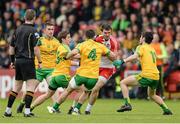 25 May 2014; Mark Lynch, Derry, crowded out by Patrick McBrearty, Darach O'Connor, Karl Lacey and Ryan McHugh, Donegal. Ulster GAA Football Senior Championship Quarter-Final, Derry v Donegal, Celtic Park, Derry. Picture credit: Oliver McVeigh / SPORTSFILE
