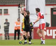 25 May 2014; Match referee Joe McQuillan shows Derry's James Kielt a black card late in the game. Ulster GAA Football Senior Championship Quarter-Final, Derry v Donegal, Celtic Park, Derry. Picture credit: Pat Murphy / SPORTSFILE