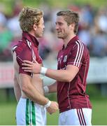 25 May 2014; Gary O'Donnell (right), Galway, is congratulated after the game byt Damien Dunleavy, London. Connacht GAA Football Senior Championship, Quarter-Final, London v Galway, Emerald Park, Ruislip, London, England. Picture credit: Ray Ryan / SPORTSFILE