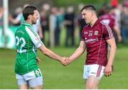25 May 2014; Damien Comer, Galway, is congratulated after the game by London's Barry Mitchell. Connacht GAA Football Senior Championship, Quarter-Final, London v Galway, Emerald Park, Ruislip, London, England. Picture credit: Ray Ryan / SPORTSFILE