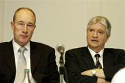 18 April 2006; Donegal manager Brian McIver, right, alongside Louth manager Eamonn McEneaney, speaking at a press conference ahead of the Allianz National Football League Division 1 and Division 2 Finals on Sunday next. Herbert Park, Dublin. Picture credit: Brendan Moran / SPORTSFILE