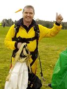 22 April 2006; Frank Fahey, T.D, Junior Minister for Justice Equality and Law, gives the thumbs up after a tandem parachute jump in support of the Alan Kerins African Projects, Irish Parachute Club, Clonbullogue, Co. Offaly. Picture credit: Damien Eagers / SPORTSFILE